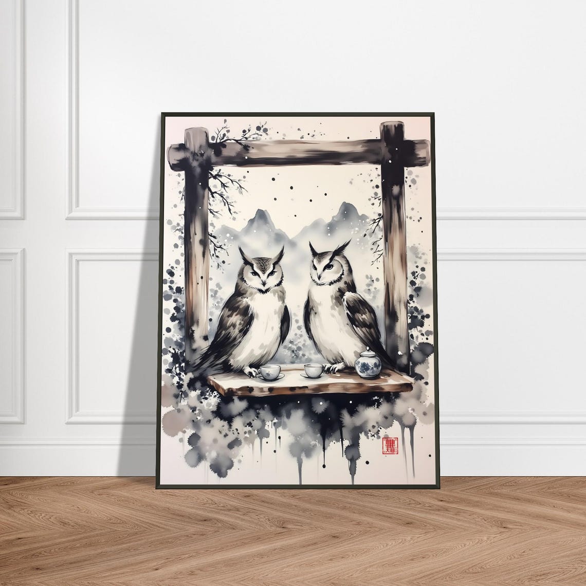 Whimsical Owls Drinking Tea Japanese Ink Watercolor Bird Poster