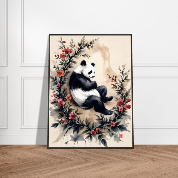Metal Framed Japanese Panda Print Watercolor Bamboo Floral Art Cute Zen Nature Wall Decor Whimsical Gift