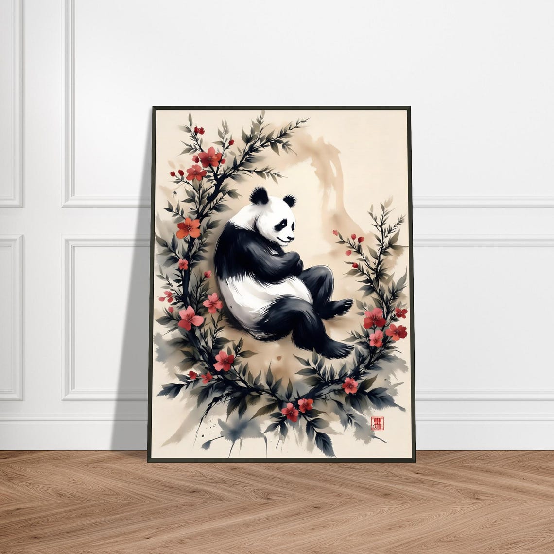 Giant Panda with Blossoms Watercolor Ink Botanical Style Poster