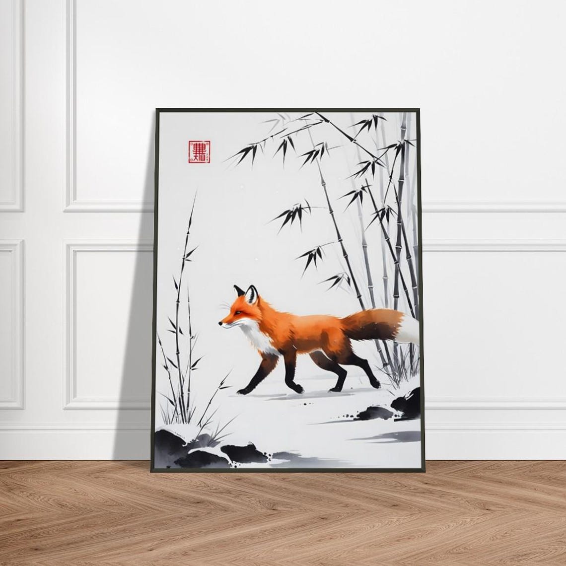 Red Fox Walking Through Snowy Bamboo Japanese Ink Wash Poster