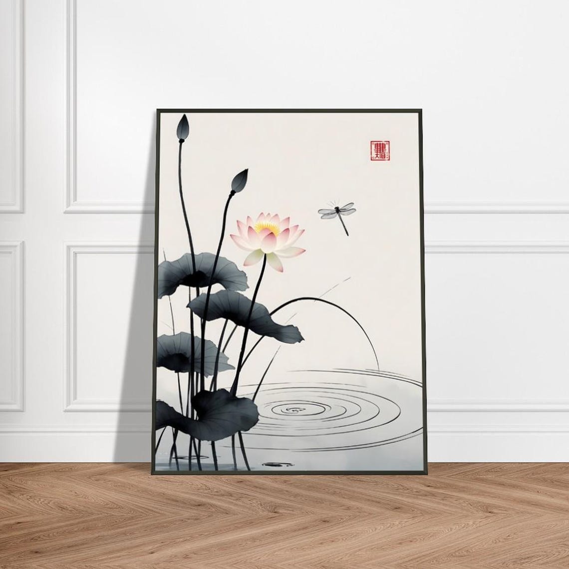Pink Lotus Blossom With Hovering Dragonfly Japanese Ink Wash Poster