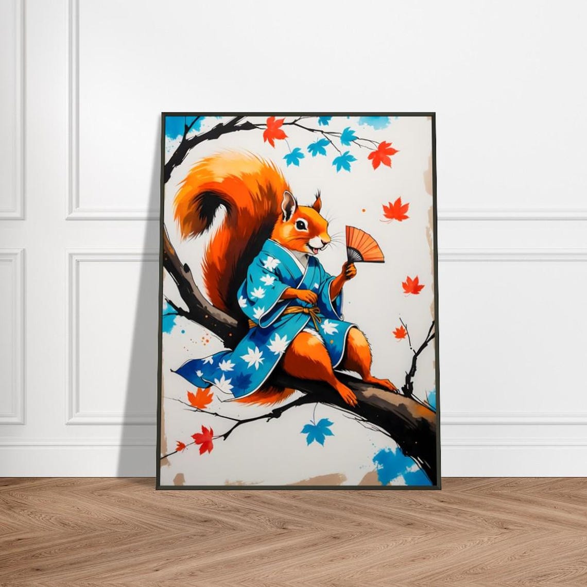 Red Squirrel In Blue Kimono Holding Paper Fan On Maple Branch Poster