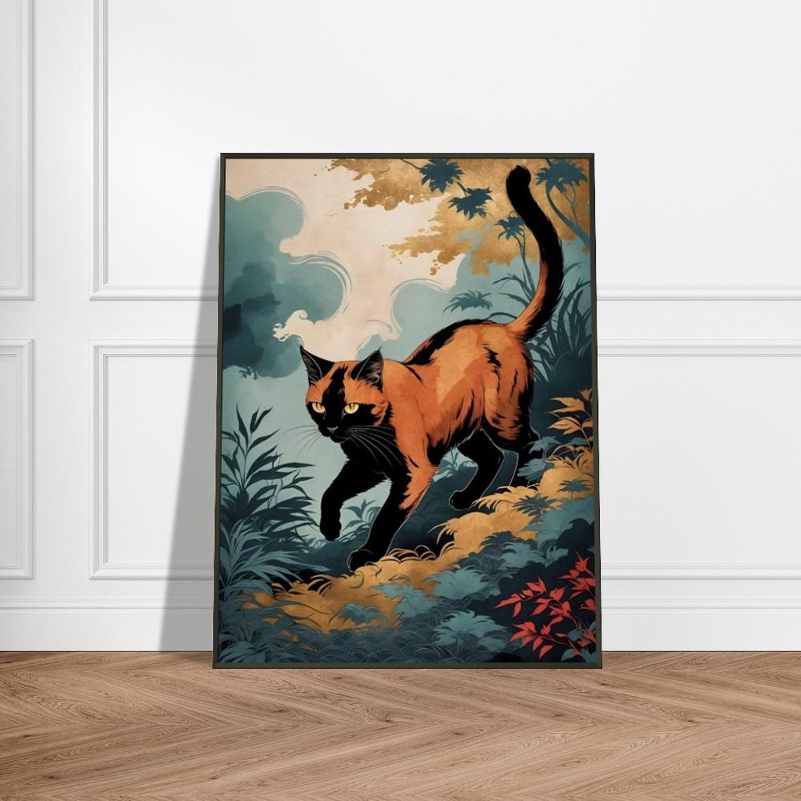 Orange and Black Cat in Misty Forest Japanese Wildlife Art Poster