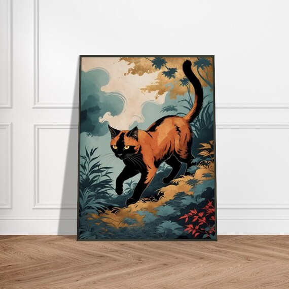 Orange and Black Cat in Misty Forest Japanese Wildlife Art Poster