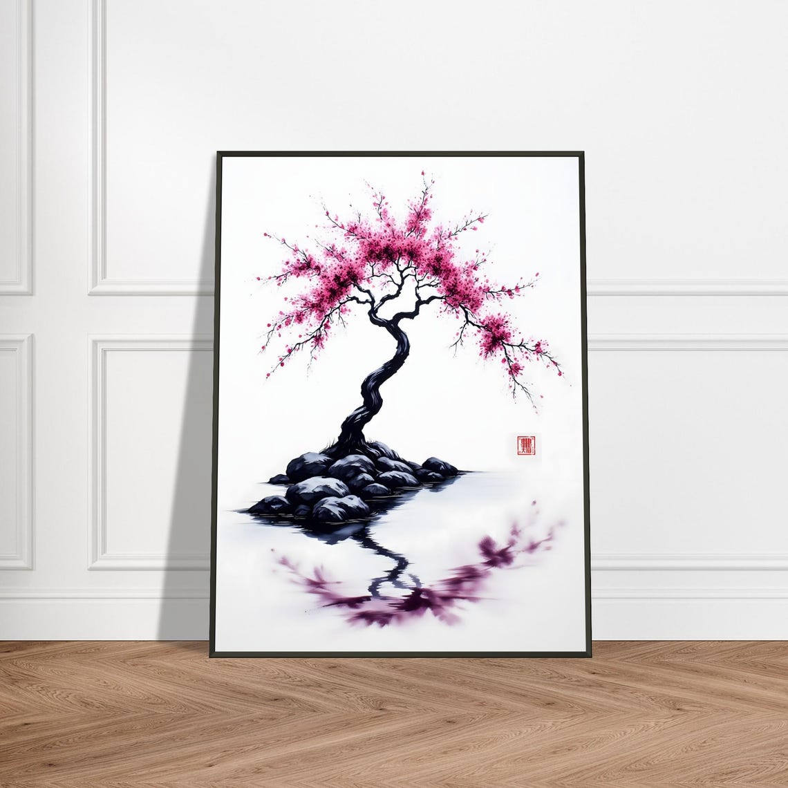 Cherry Blossom Bonsai Tree Art Print Japanese Watercolor Painting Zen Reflection Wall Decor Tranquil Nature Illustration