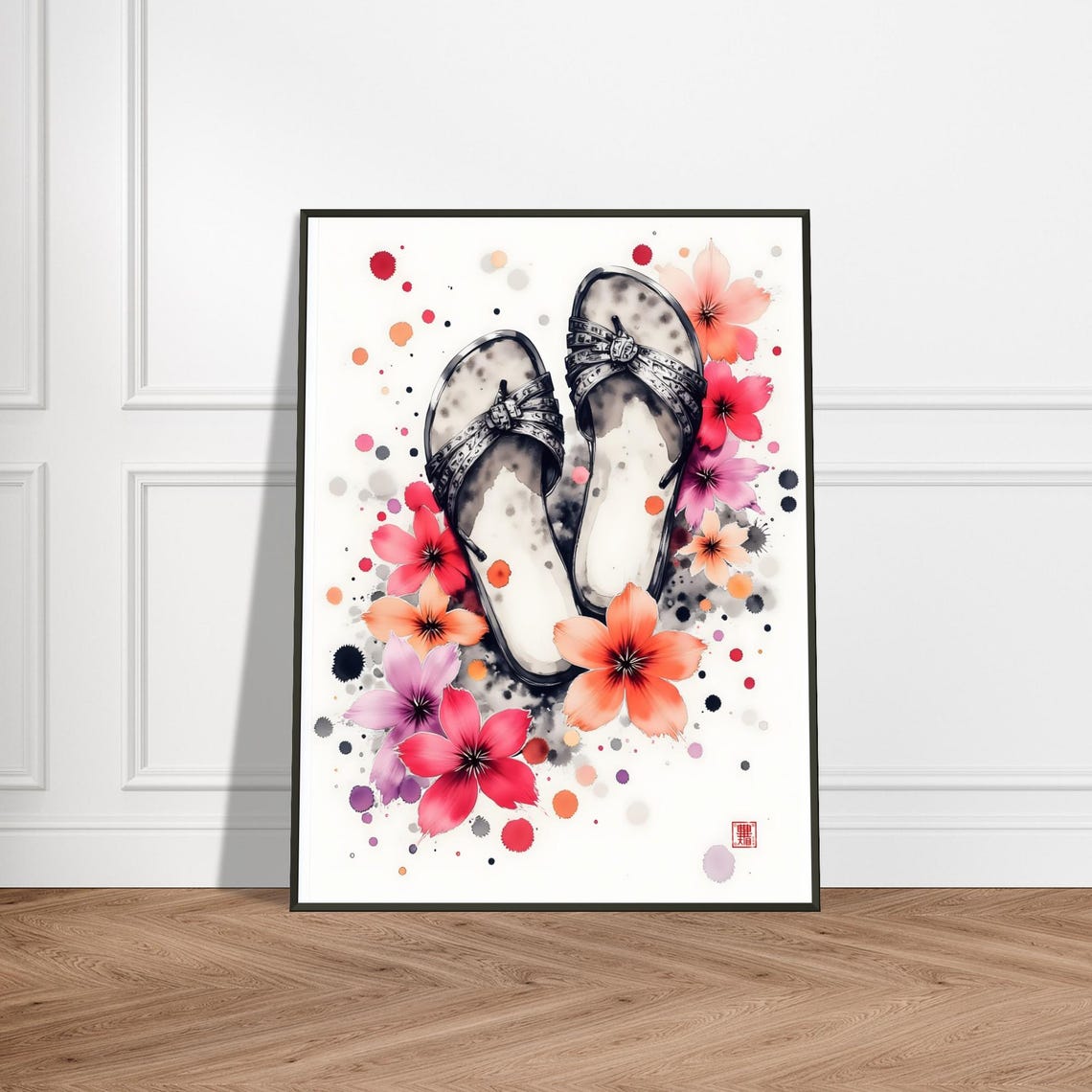 Flip Flops Surrounded By Bright Flowers Watercolor Summer Poster