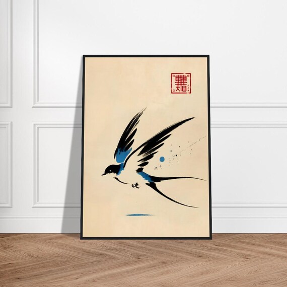 Blue Swallow Flight Minimal Japanese Ink Brush Painting Bird Poster