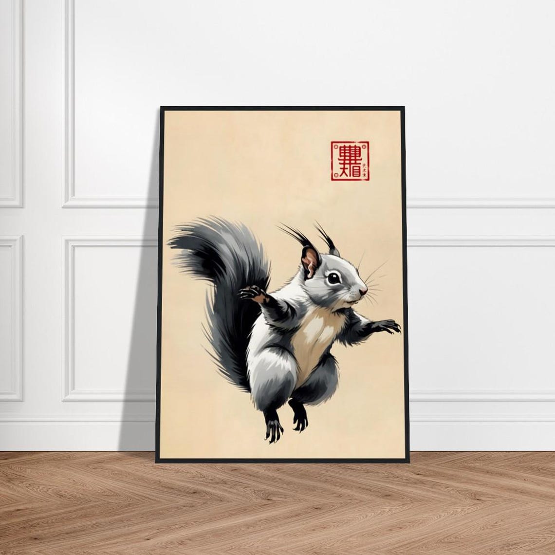 Silver Gray Flying Squirrel Mid Glide in Japanese Ink Style Poster
