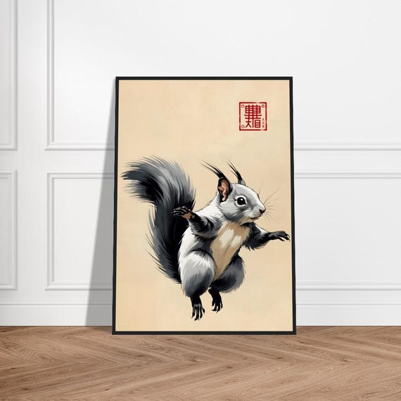 Japanese Flying Squirrel Art Print Silvergray In Midglide Traditional Asianinspired Painting Zen Wildlife Wall Decor