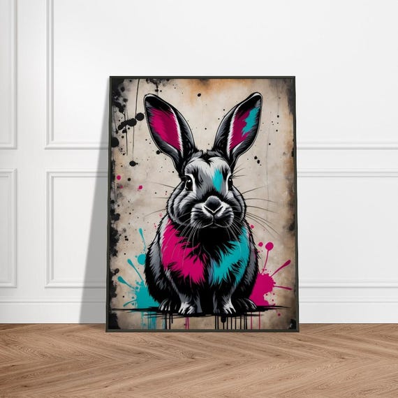 Modern Rabbit Art Print Vibrant Splatter Paint Bunny Illustration In Pink Blue And Black Rustic Whimsical Animal Wall Decor