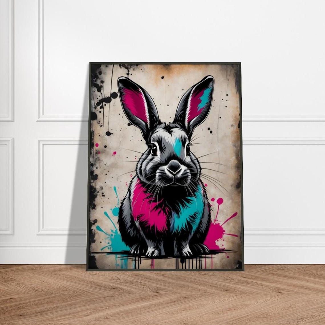 Modern Rabbit Art Print Vibrant Splatter Paint Bunny Illustration In Pink Blue And Black Rustic Whimsical Animal Wall Decor