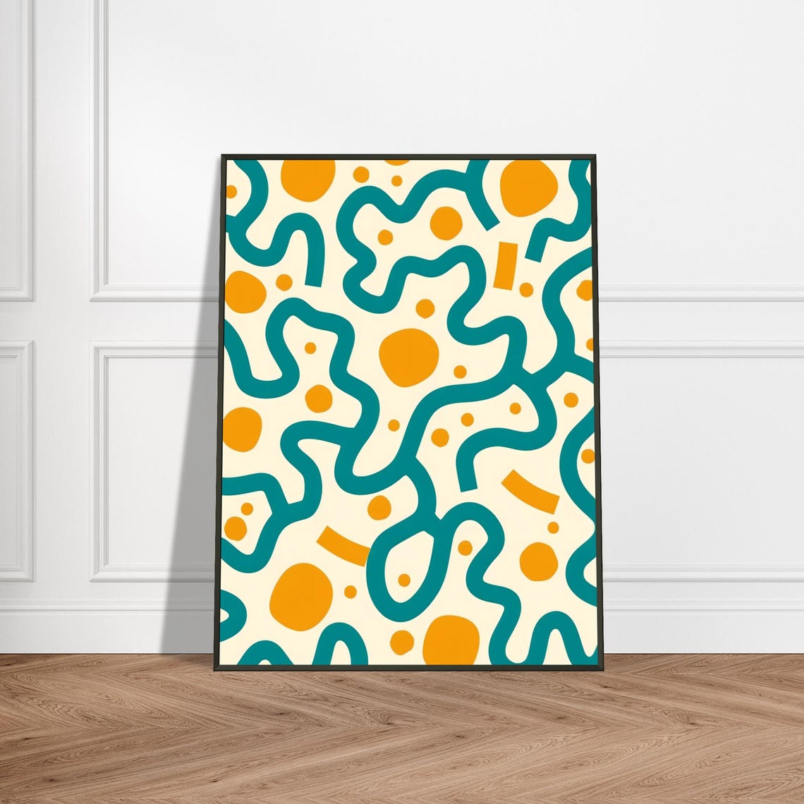 Teal Squiggle Lines and Orange Dots Abstract Pattern Art Poster