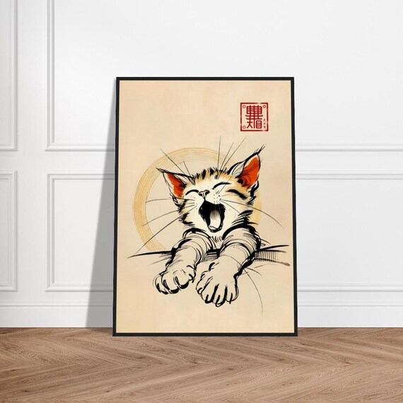 Yawning Kitten with Orange Ears Ink Japanese Art Poster Cute Pet