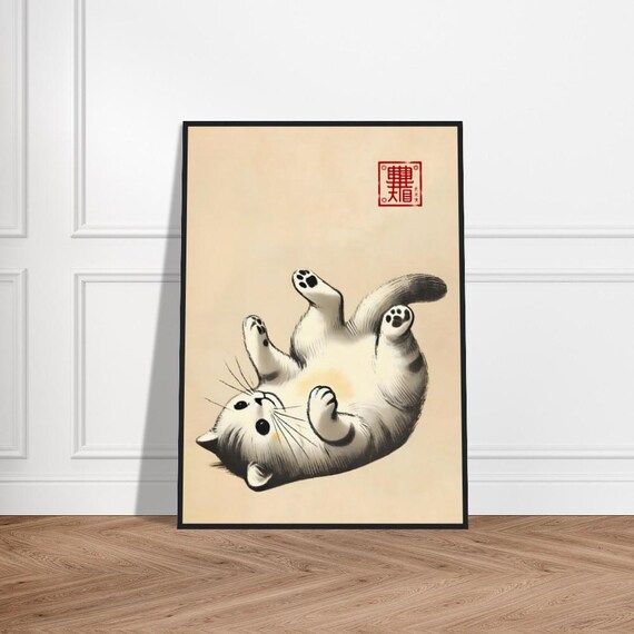 Rolling Happy Kitten Japanese Ink Art Belly Up Playful Pose Poster