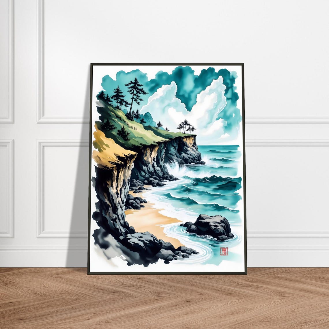 Rocky Coastal Cliff Pine Trees Crashing Waves Watercolor Poster