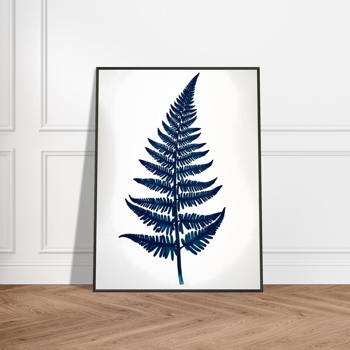 Navy Blue Fern Leaf Botanical on White Minimalist Art Poster