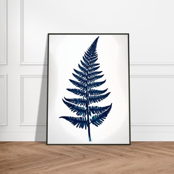 Indigo Fern Botanical Print Minimalist Nature Wall Art Modern Blue Leaf Illustration Elegant Plant Decor For Bedroom Or Living Room