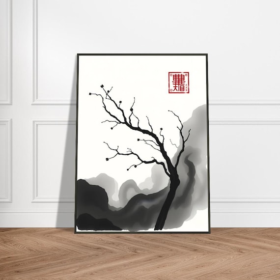 Minimalist Sumie Tree Artwork Japanese Ink Wash Painting With Blossoming Branches Misty Mountain Backdrop And Red Seal Stamp
