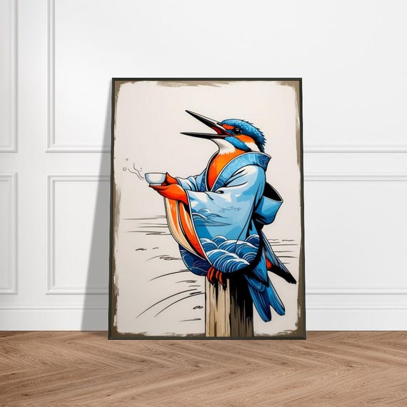 Kingfisher In Kimono Wall Art With Metal Frame Japaneseinspired Ink Illustration Tea And Waves Motif Vibrant Blue Orange Design