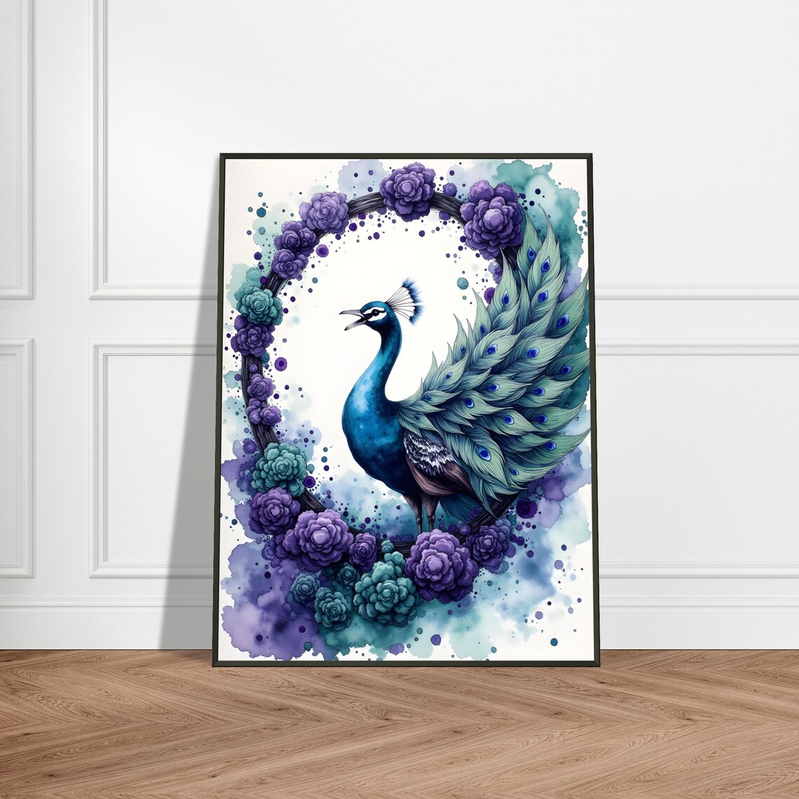 Regal Blue Peacock in a Floral Wreath Japanese Watercolor Poster