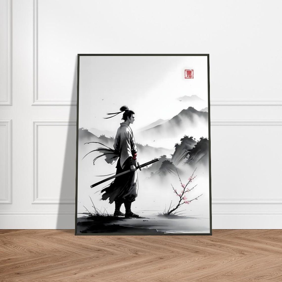 Lone Samurai Standing Before Misty Mountains Japanese Ink Poster
