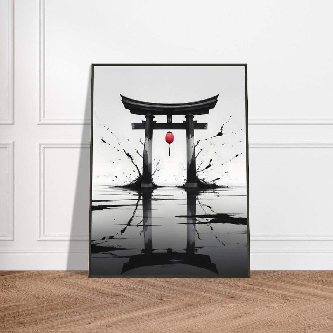 Torii Gate Standing in Water With Red Lantern Ink Wash Poster