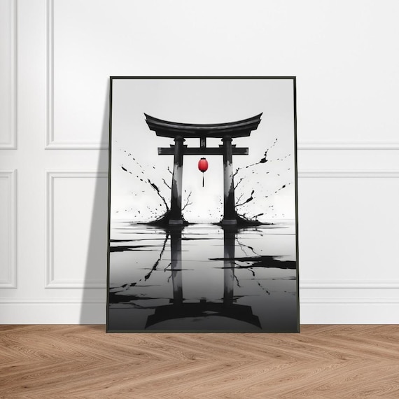 Torii Gate Standing in Water With Red Lantern Ink Wash Poster