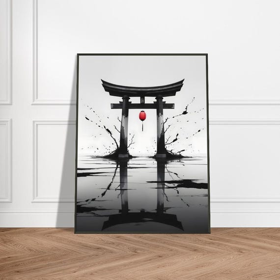 Torii Gate Wall Art Japanese Ink Wash Painting With Red Lantern And Reflective Water Metal Frame Minimalist Zen Decor For Home Or Office