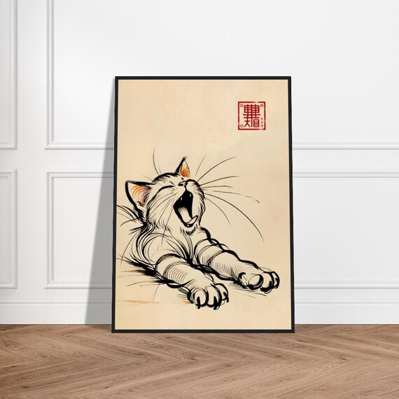 Stretching Yawning Cat Japanese Zen Ink Art Wide Paw Reach Poster