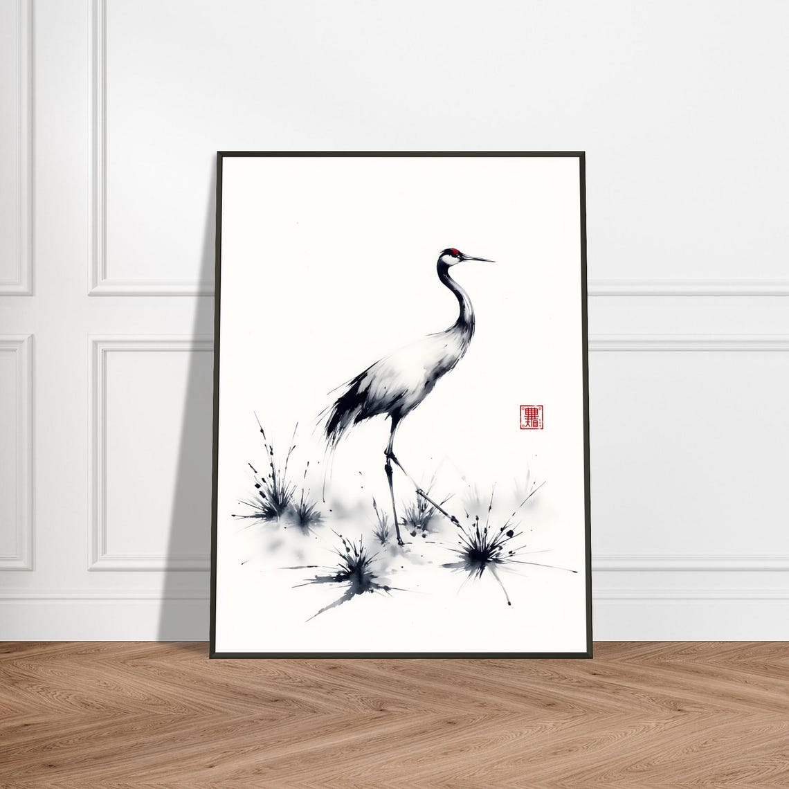 Red Crowned Crane Standing in Quiet Water Japanese Sumi E Poster