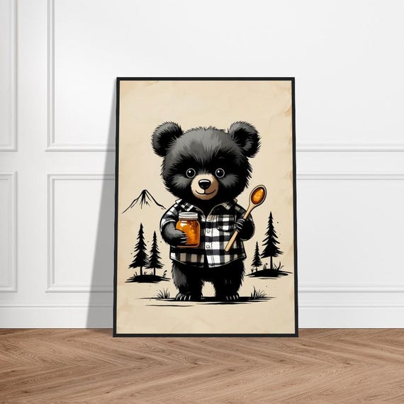 Honey Bear Illustration Adorable Black In Plaid With Jar And Spoon Rustic Forest Scene Cute Nature Art For Decor Or Gifts