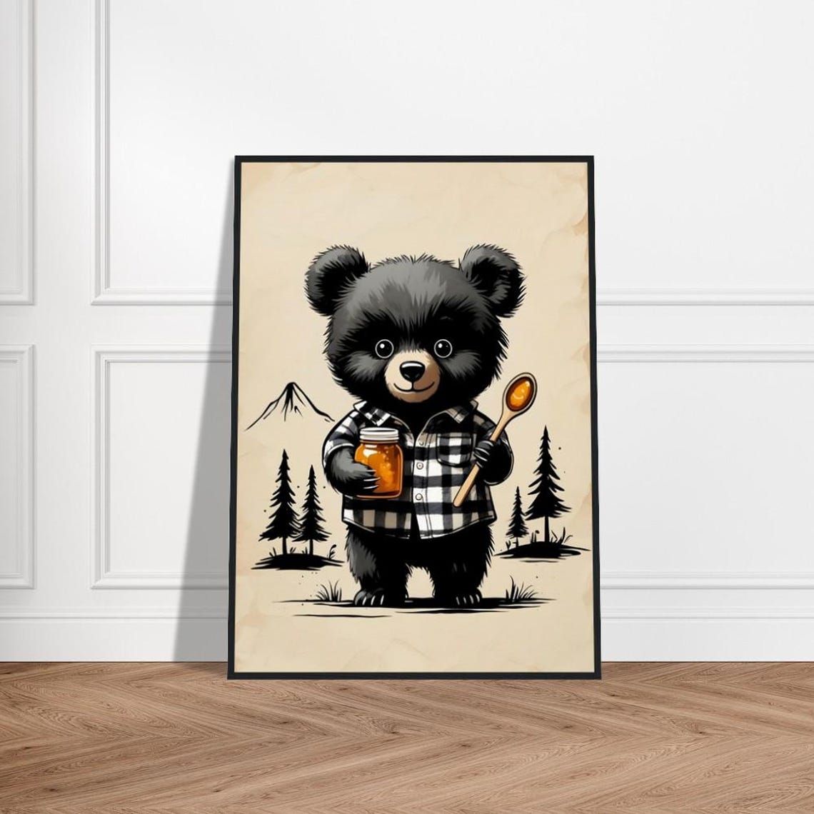 Adorable Honey Bear In Plaid Shirt With Jar And Spoon Art Poster