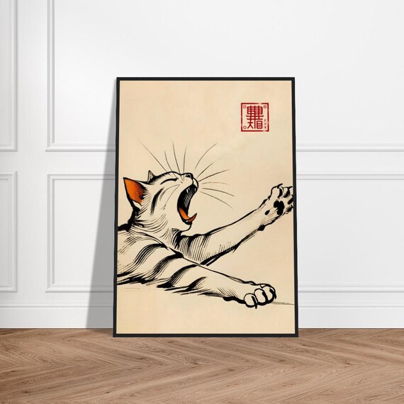 Yawning Stretching Cat Japanese Ink Art Playful Orange Ear Poster