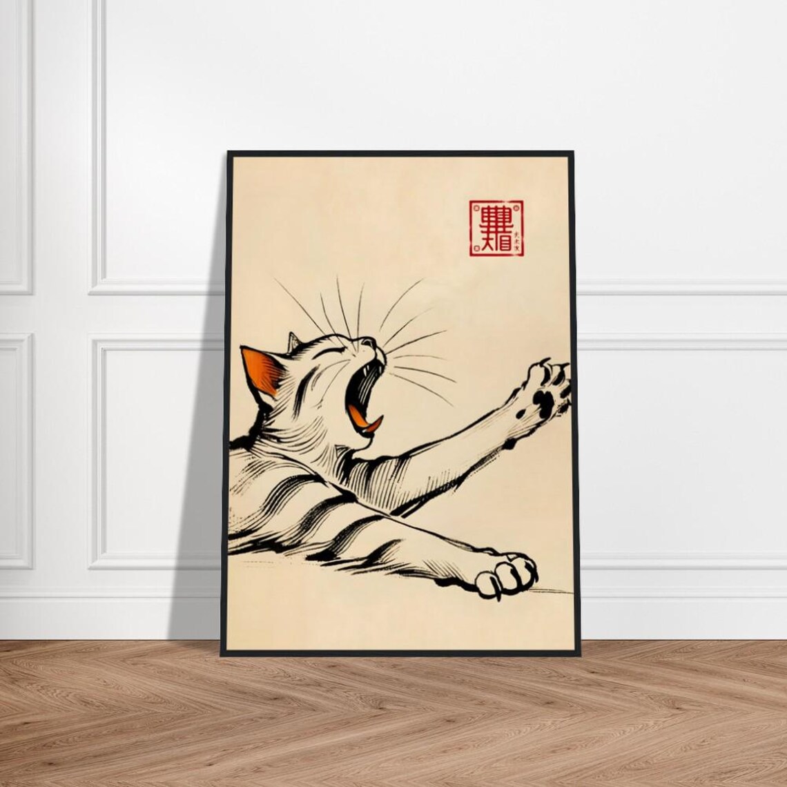 Yawning Stretching Cat Japanese Ink Art Playful Orange Ear Poster