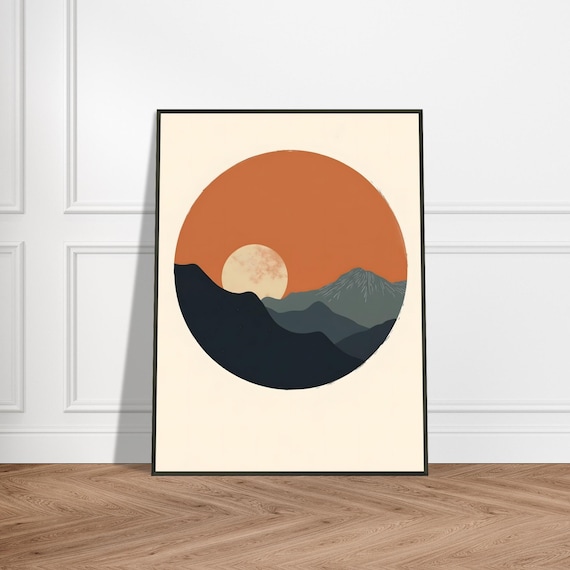 Terracotta Circle Mountain and Sun Minimalist Boho Abstract Art Poster