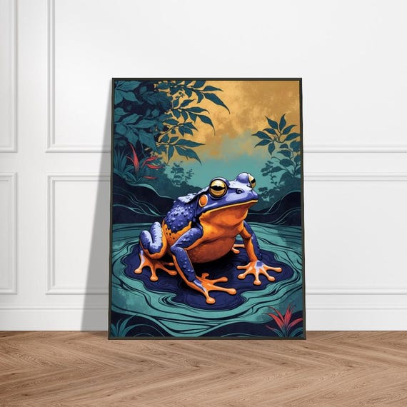 Orangebellied Frog In Lush Japanese Forest Vibrant Wildlife Art Ukiyoe Style Nature Illustration Amphibian Wall Decor