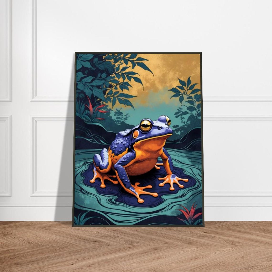 Orange Bellied Frog in Lush Japanese Forest Pond Wildlife Poster