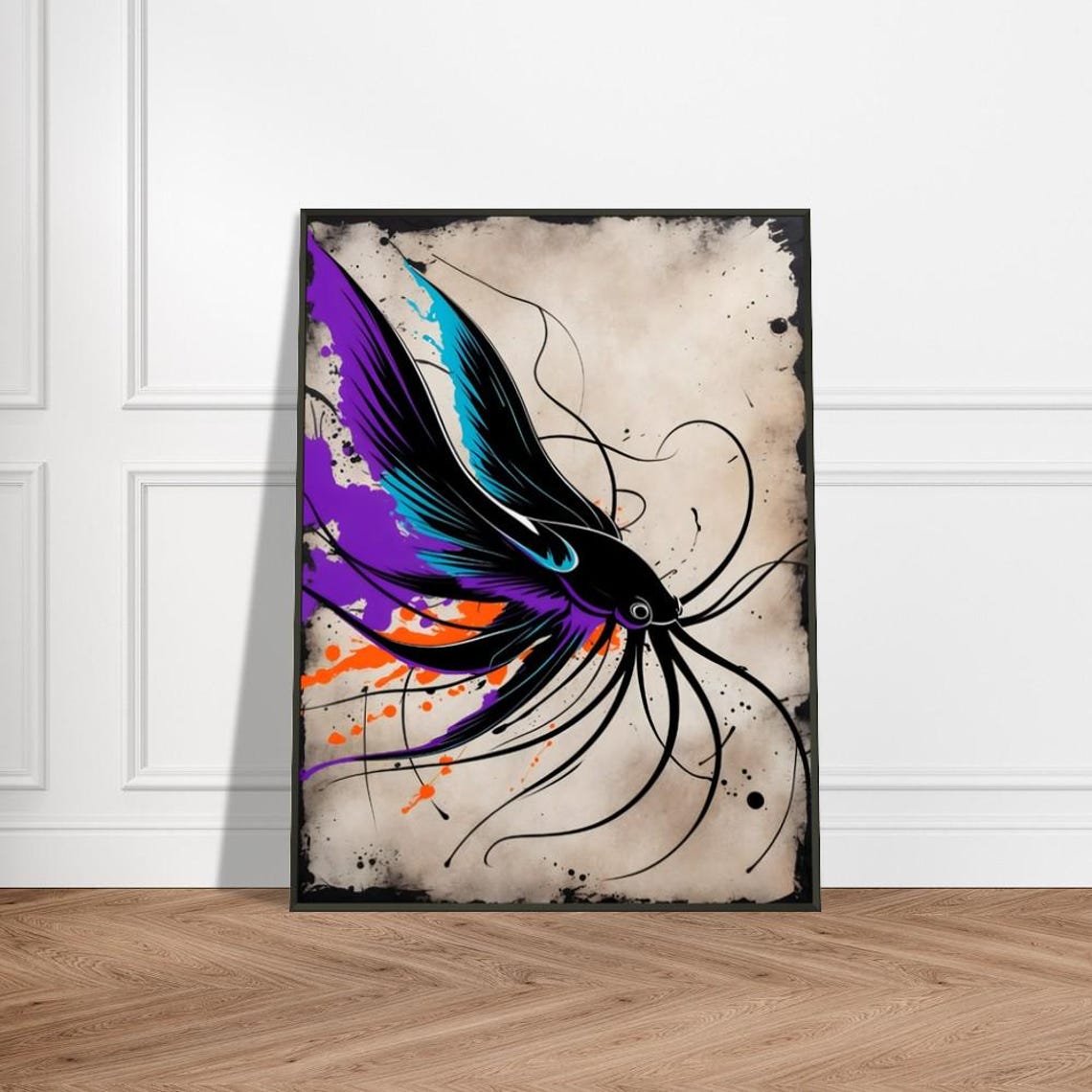 Abstract Betta Fish Wall Art Vibrant Splatter Paint In Purple Blue And Orange Modern Aquatic Illustration For Unique Home Decor