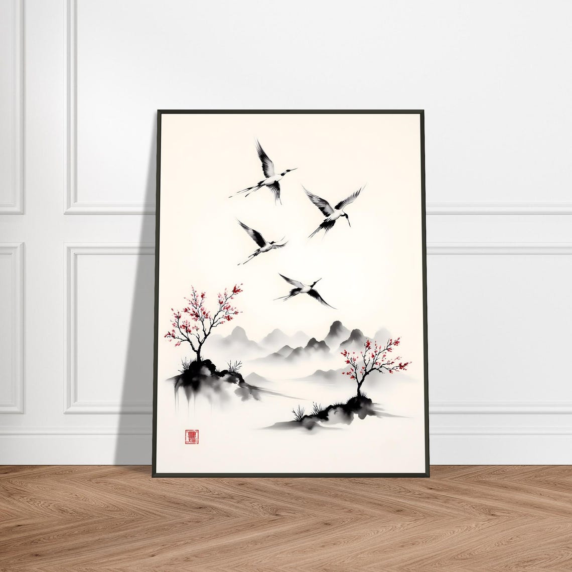 Four Cranes Flying Over Misty Mountains Japanese Ink Bird Poster