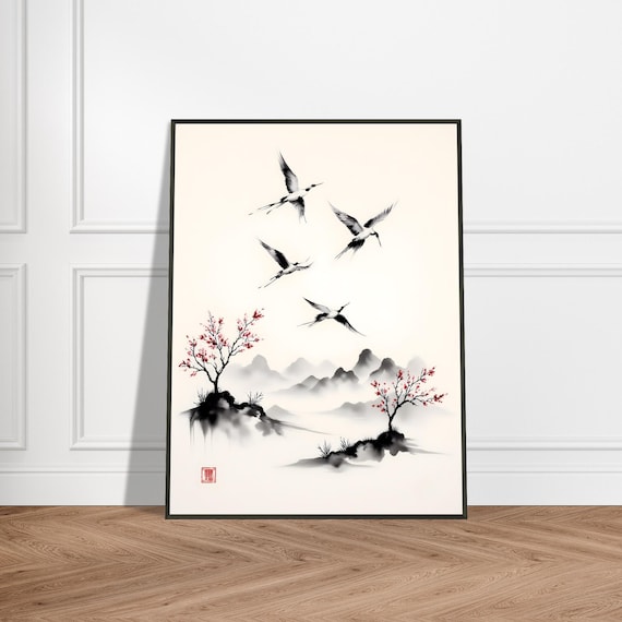 Four Cranes Flying Over Misty Mountains Japanese Ink Bird Poster
