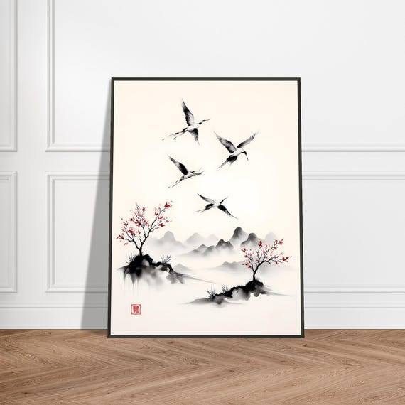 Japanese Cranes Over Misty Mountains Zen Ink Landscape Wall Art Print With Metal Frame Minimalist Red Blossom Decor