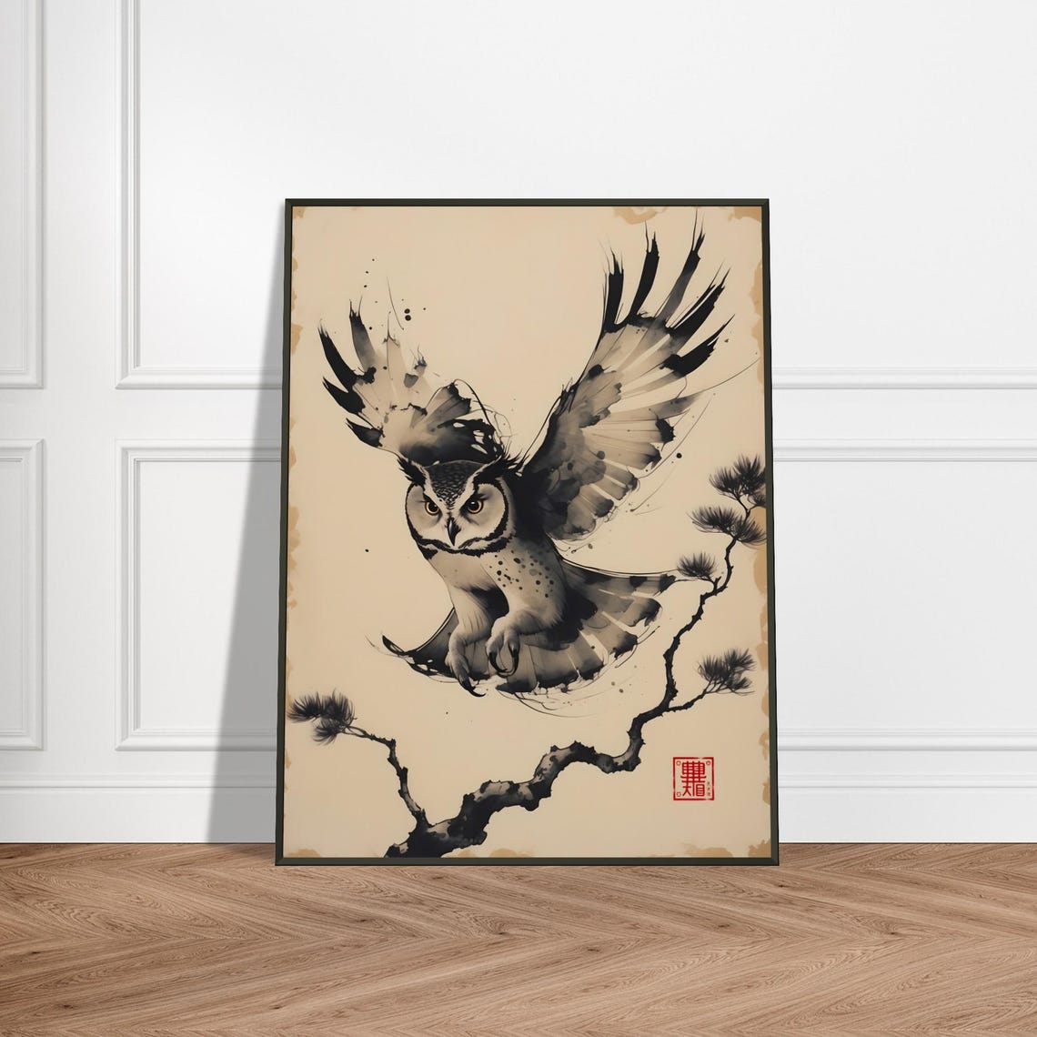 Great Horned Owl Descending Through Air Japanese Ink Wash Poster