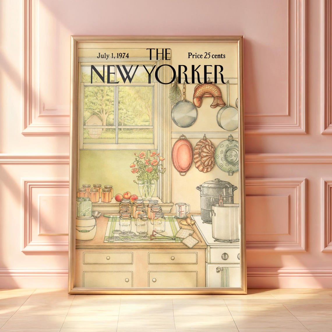The New Yorker July 1974 Cozy Kitchen Canning Scene Vintage Poster