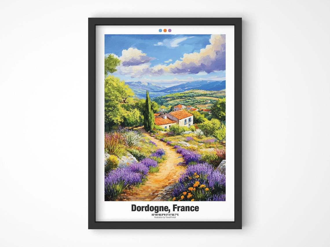 Dordogne France Travel Poster Lavender Path Village Countryside Art