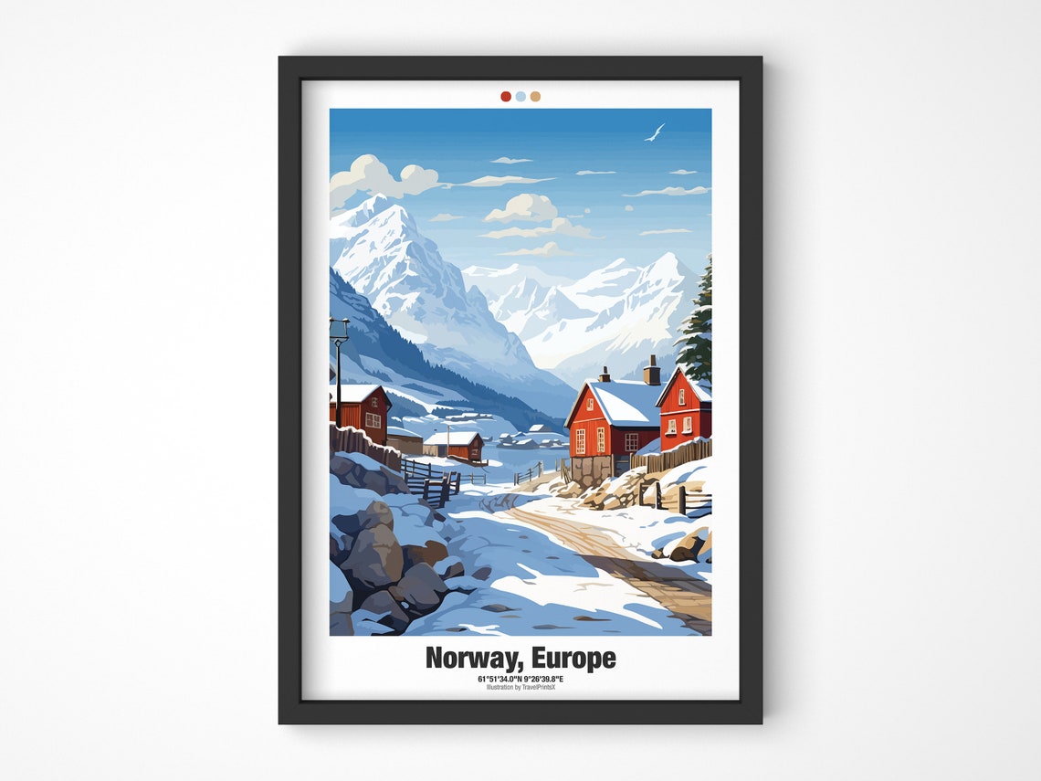 Norway Europe Snowy Mountain Valley Red Wooden Houses Travel Poster - Image 4