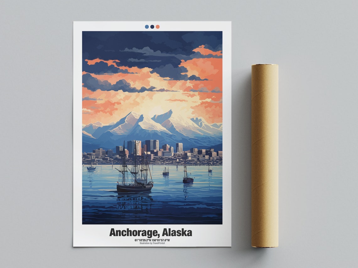 Anchorage Alaska Harbor Snowy Mountain Tall Ships Sunset Travel Poster