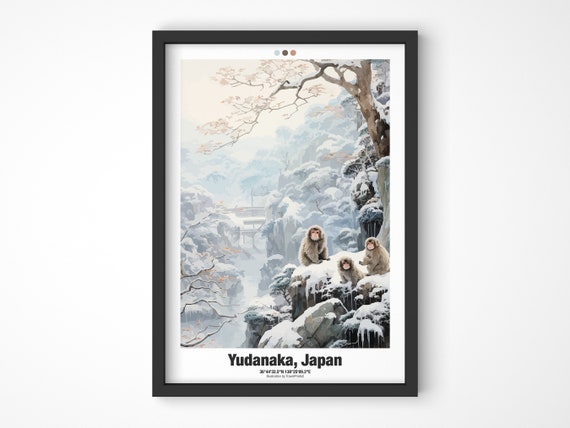 Yudanaka Japan Travel Poster Snow Monkey Poster Japanese Macaque Illustration