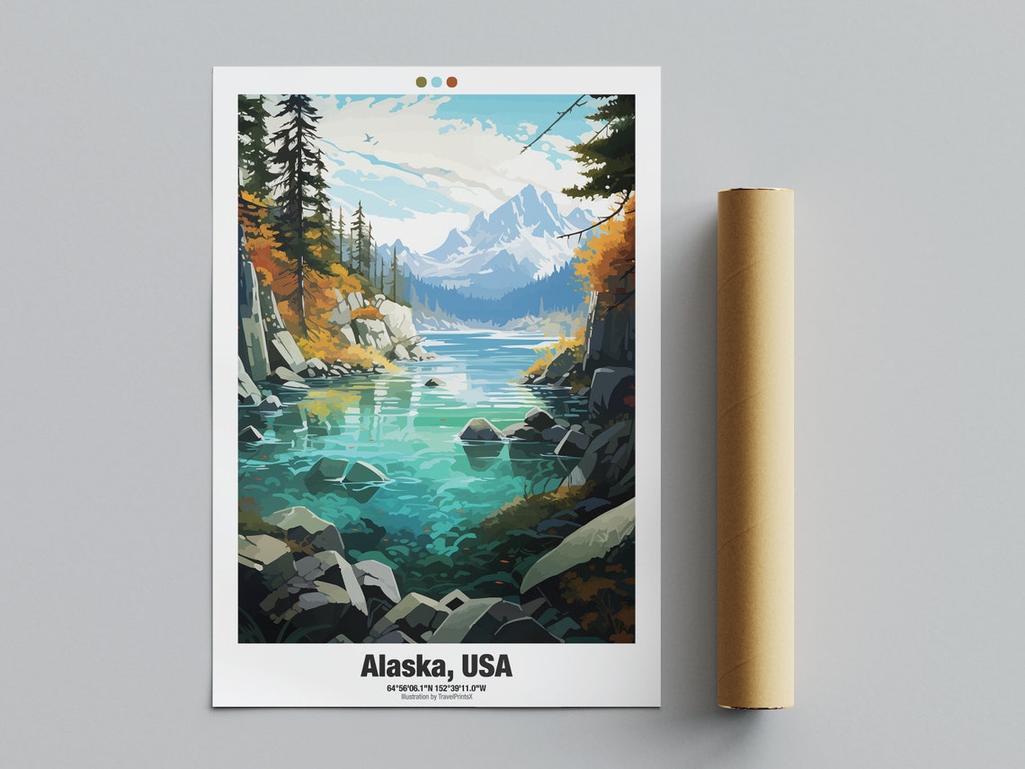 Alaska USA Mountain Lake Turquoise Water Autumn Pine Travel Poster - Image 4