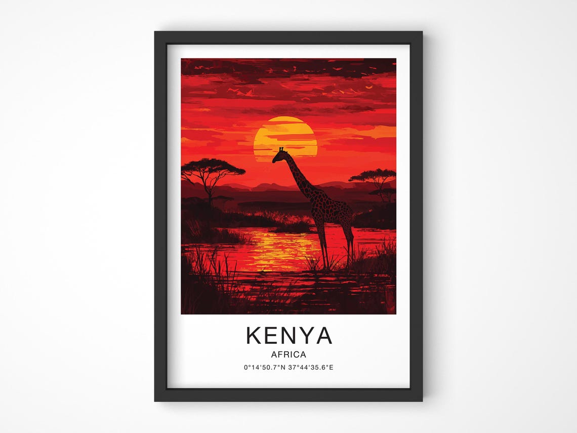 Kenya Africa Travel Poster Giraffe Sunset Savanna Silhouette Artwork