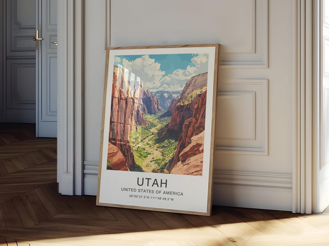 Utah USA Travel Poster Red Rock Canyon Desert Cliffs Illustration Art - Image 3